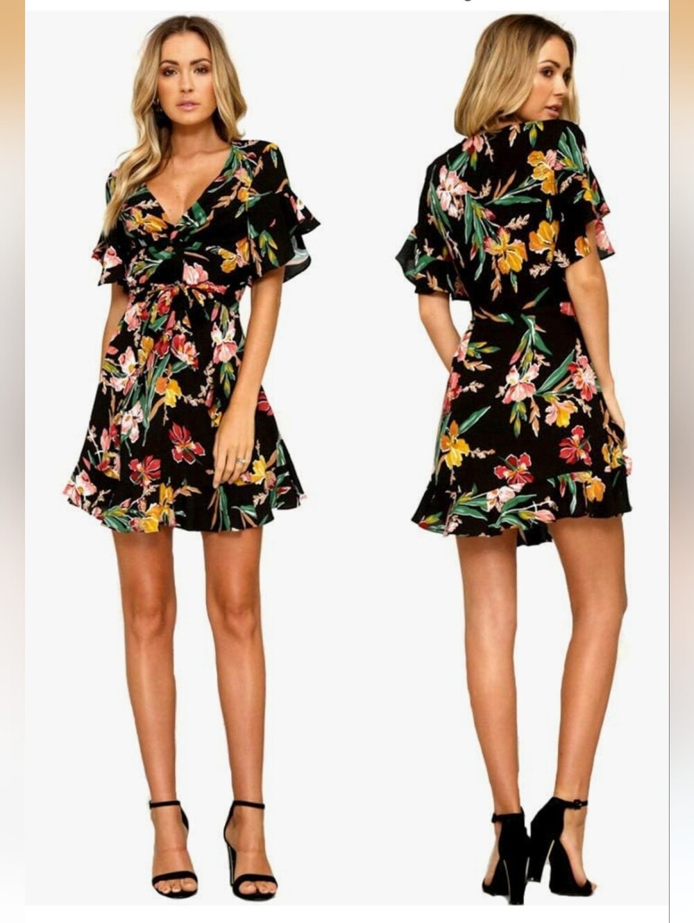 Hello Molly Black Floral Twist Front Flutter Sleeve Flounce Hem Mini Dress Sz 6